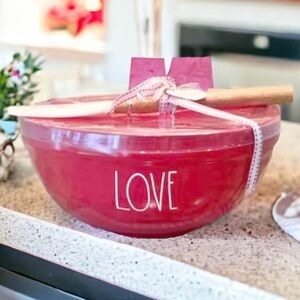 NEW RAE DUNN 10 Inch Round ‘LOVE’ Heavy Ceramic Mixing Bowl With ‘BE MINE’ Spatu